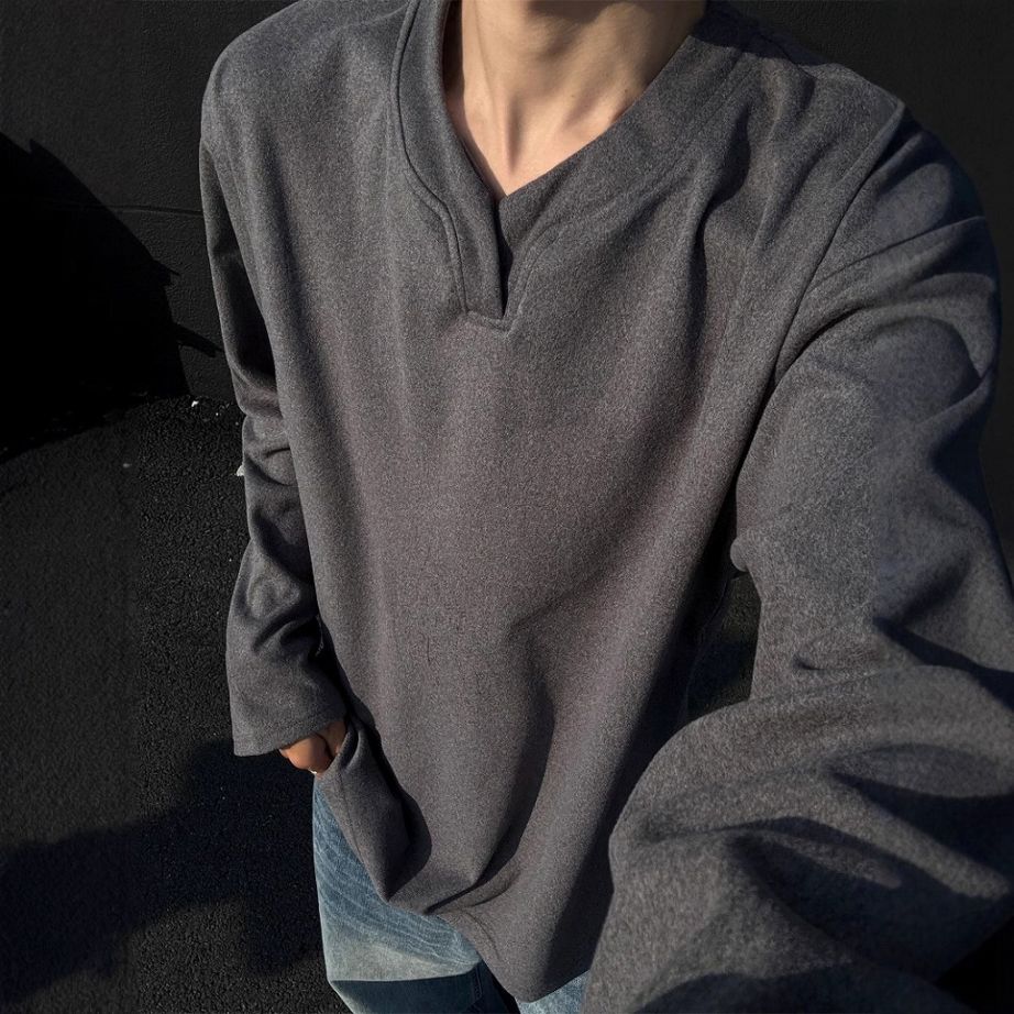 メンズ VネックフリーススウェットTシャツ 暖かインナー 長袖Tシャツ おしゃれカジュアルトップス★全3色