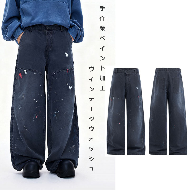 メンズ 25秋冬新作 手作業ペイント加工 ヴィンテージウォッシュ コットンカーゴパンツ カジュアル★