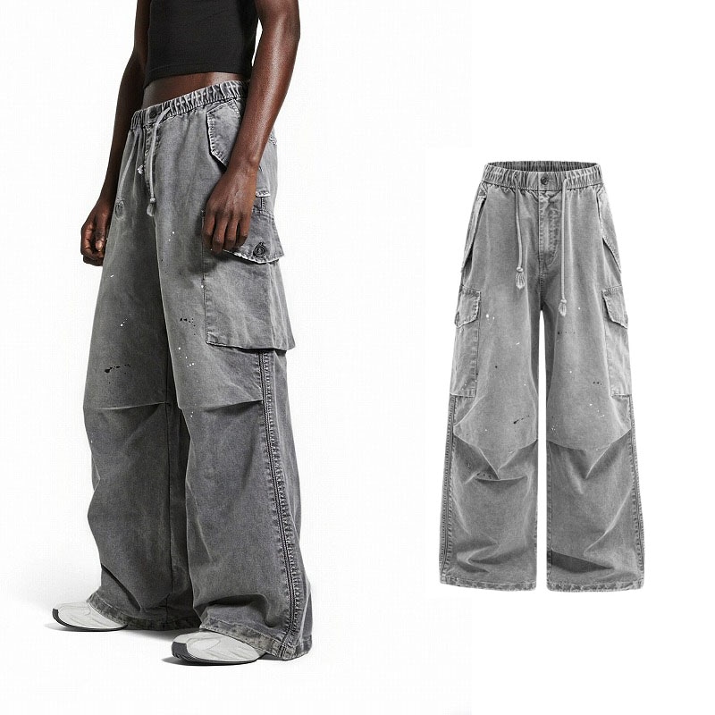 メンズ 25秋冬新作 ペイント加工 マルチポケット ワークパンツ ヴィンテージストリート カジュアル★