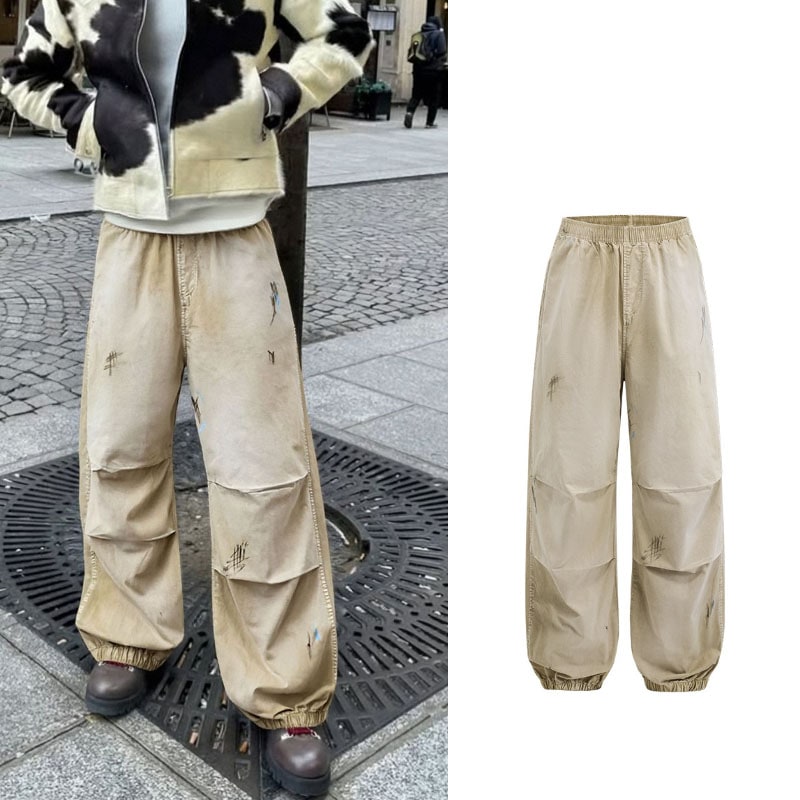 メンズ 25秋冬新作 ハンドペイントウォッシュ パラシュート ジョガーワークパンツ ヴィンテージ加工★
