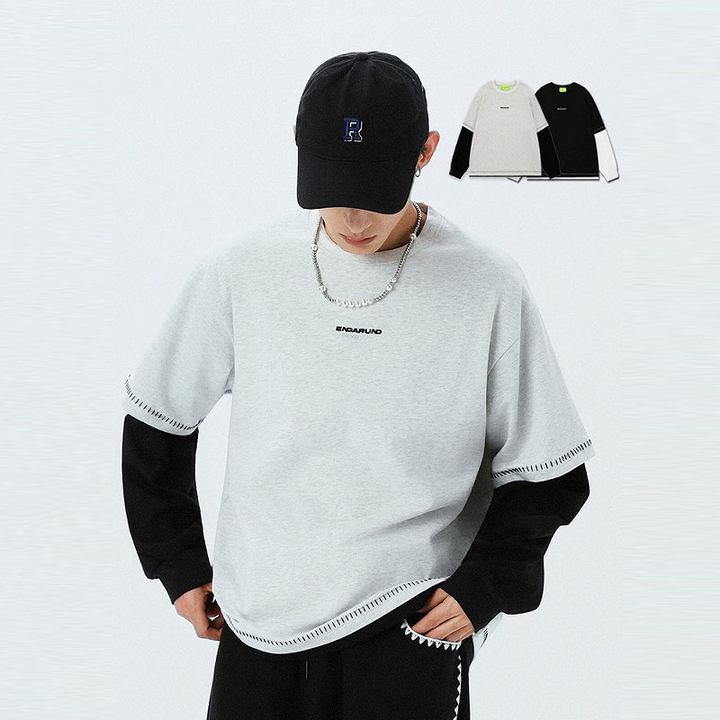 メンズ 刺繍入り アメリカンストリート風 長袖Tシャツ 偽レイヤード カジュアルカットソー トップス★全2色