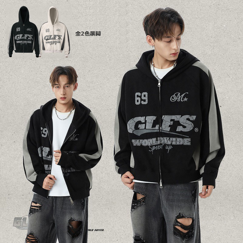 メンズ アメリカン調 スエード ジップアップパーカー ユニセックス 配色切り替えカジュアルフーディ★全2色