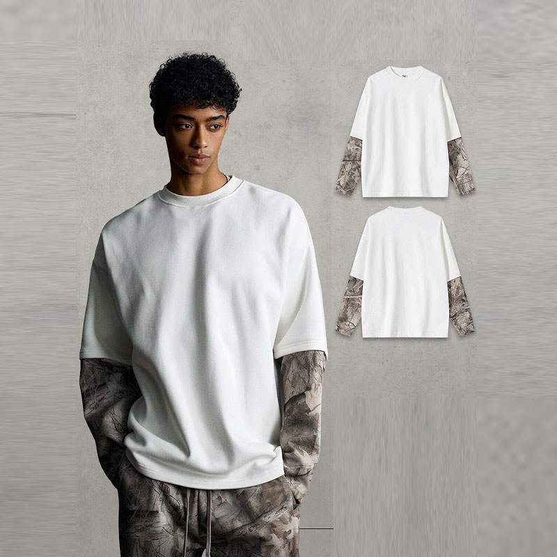 メンズ 美式ヴィンテージ風 フェイクレイヤード 迷彩 長袖Tシャツ ストリート系 ヒップホップカジュアル