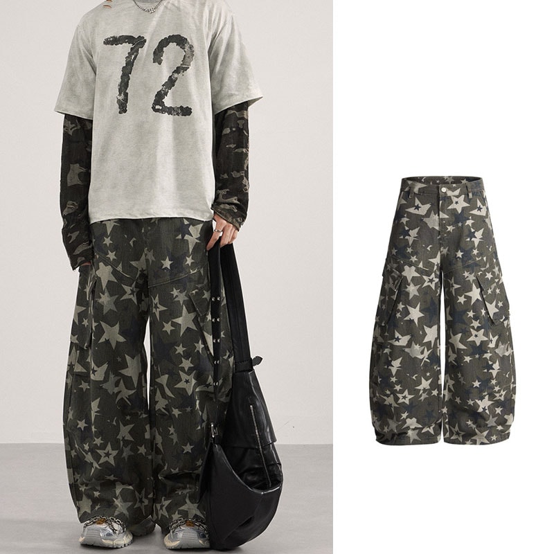 メンズ ストリート系 ヒップホップ 星柄柄 ワイドカーゴパンツ 男女兼用 バギーシルエット ロングパンツ