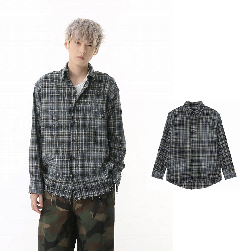 【在庫処分】メンズ ダメージ加工 チェック柄 シャツ 男女兼用 ストリート系 サマー アウター 2025新作