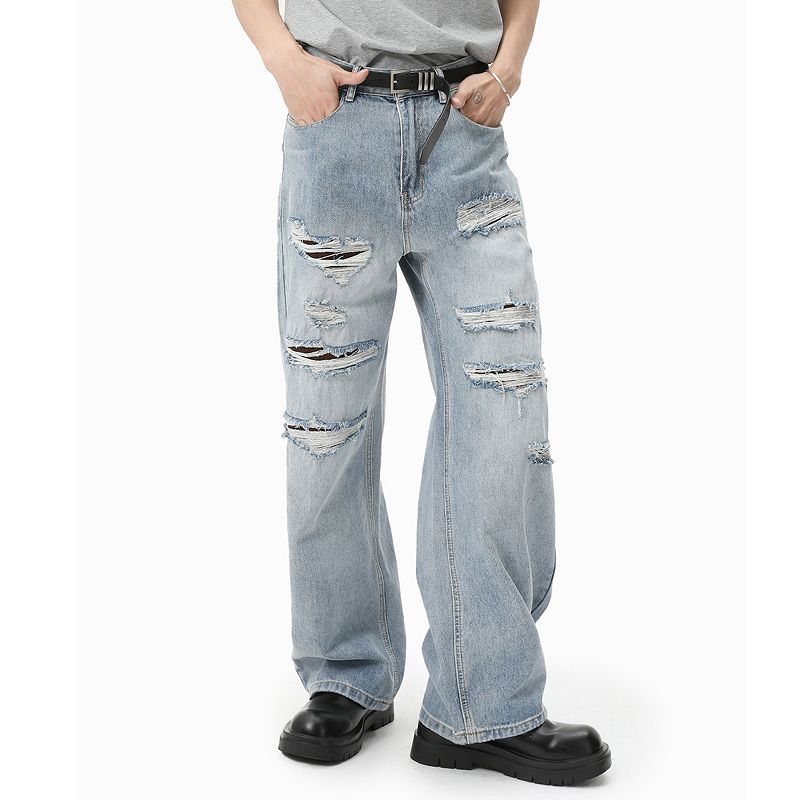 メンズ ダメージ加工 デニム パンツ 男女兼用 ストリート系 ボトムス 春秋 2025新作★