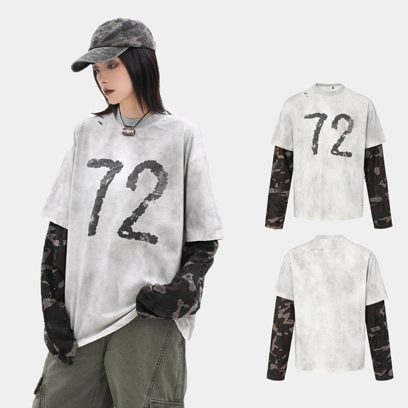メンズ ウォッシュ加工 プリント ロングスリーブ フェイクレイヤード迷彩スリーブ 美式カジュアルTシャツ