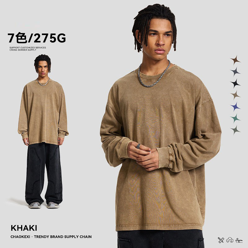 メンズ 275g ヴィンテージ加工 ロングTシャツ 男女兼用 ウォッシュ 美式ストリート 長袖カットソー★全7色