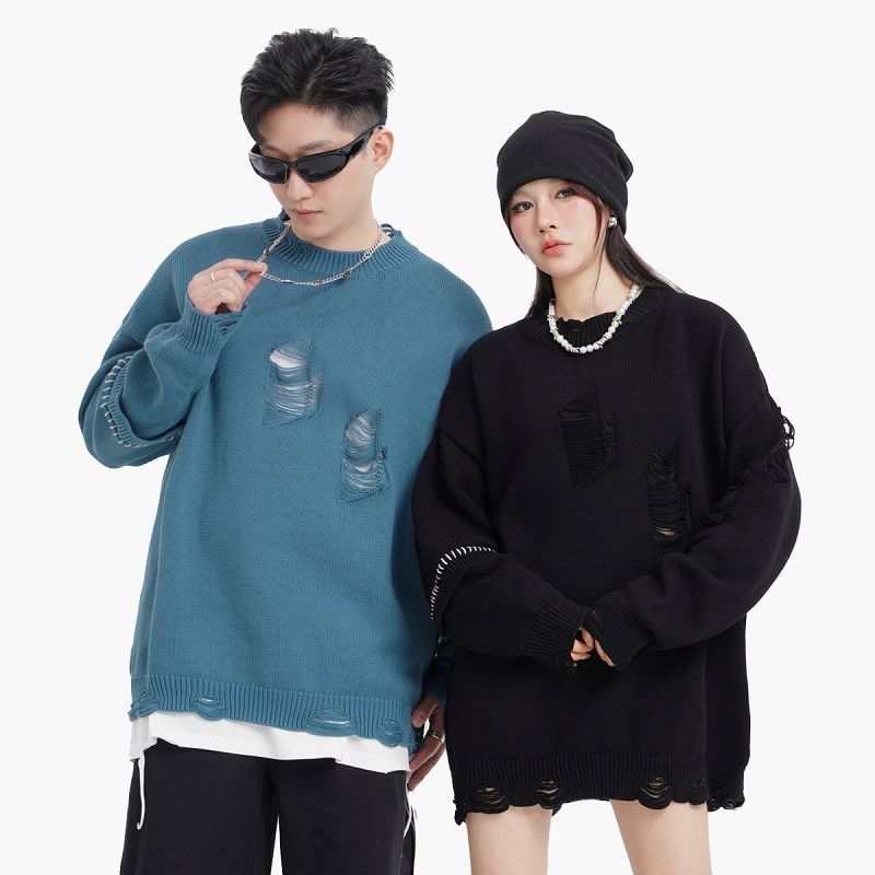 メンズ ダメージ加工 長袖 ニット・セーター 男女兼用 ストリート系 トップス 秋冬 2025新作★全2色
