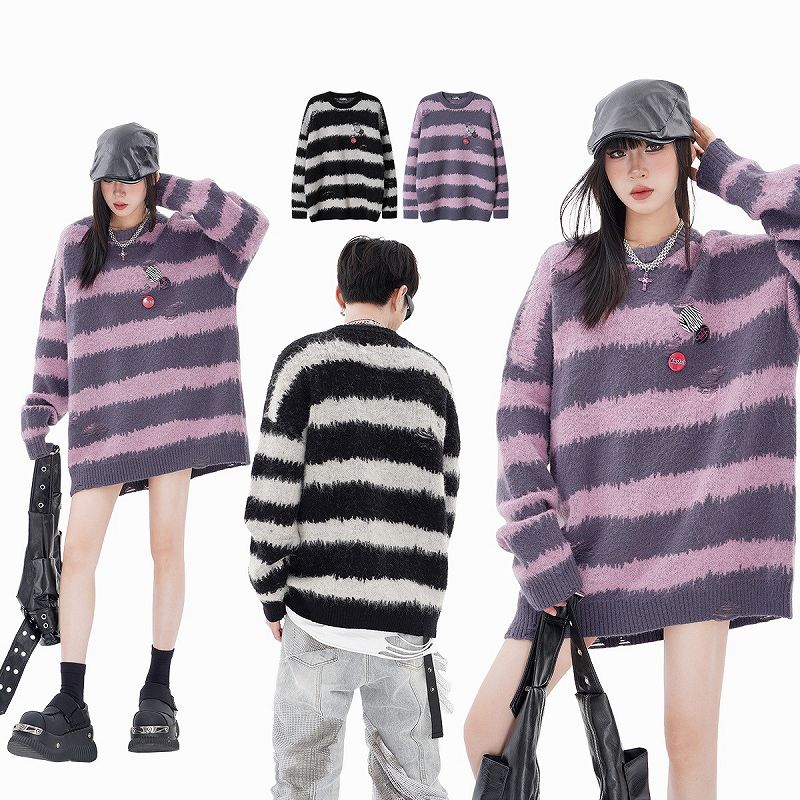 メンズ ボーダー柄 長袖 ニット・セーター 男女兼用 ストリート系 トップス 秋冬 2025新作★全2色