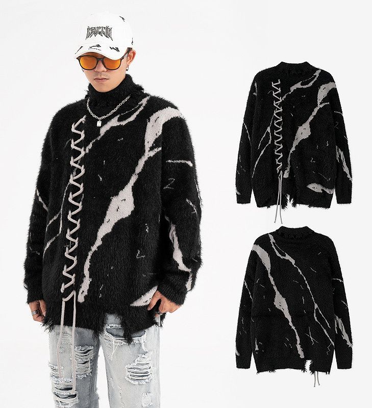 メンズ ダメージ加工 長袖 ニット・セーター 男女兼用 ストリート系 トップス 秋冬 2025新作★