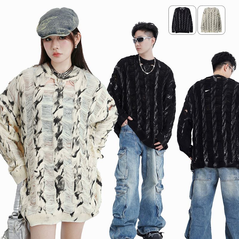 メンズ ダメージ加工 長袖 ニット・セーター 男女兼用 ストリート系 トップス 秋冬 2025新作★全2色