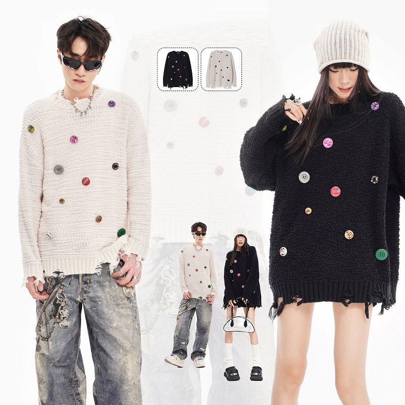 メンズ ダメージ加工 長袖 ニット・セーター 男女兼用 ストリート系 トップス 秋冬 2025新作★全2色