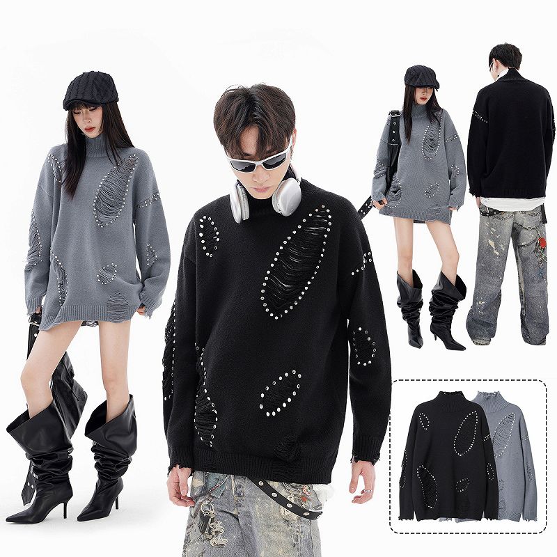 メンズ ダメージ加工 長袖 ニット・セーター 男女兼用 ストリート系 トップス 秋冬 2025新作★全2色