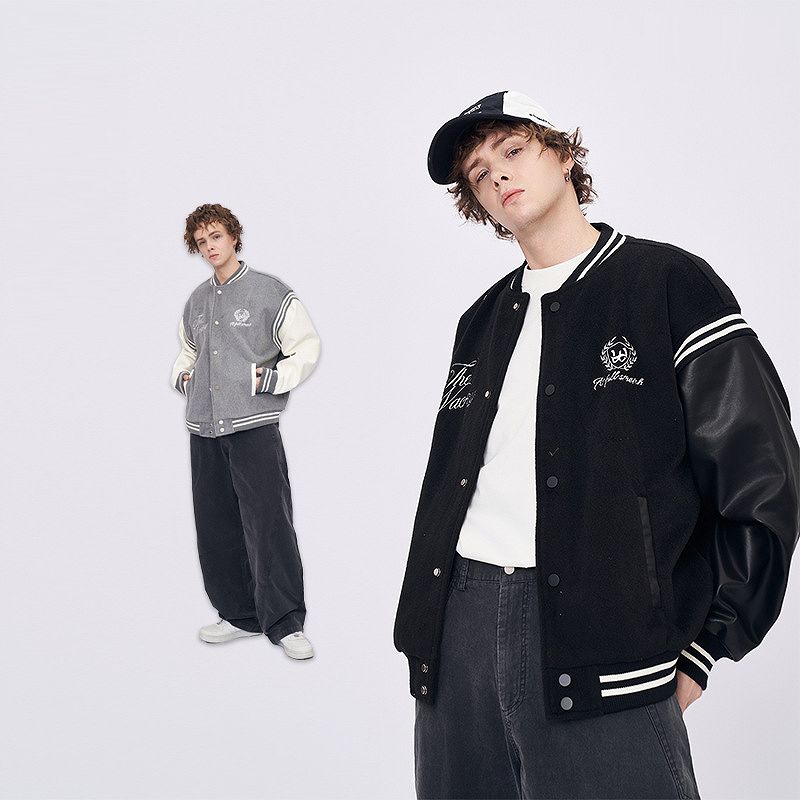 メンズ 刺繍入り スタジャン 男女兼用 ストリート系  PU袖 ジャケット 秋冬 2025新作★全2色