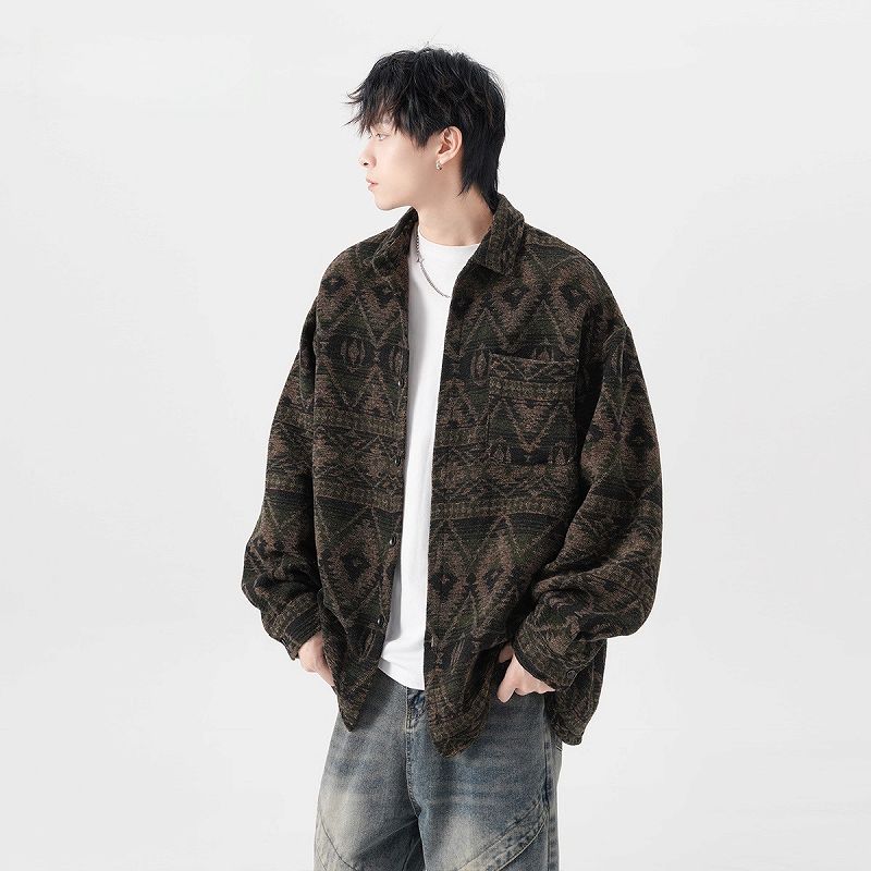 メンズ 厚手 エスニック柄 長袖シャツ 男女兼用 ストリート系 アウター  秋冬 2025新作★全2色