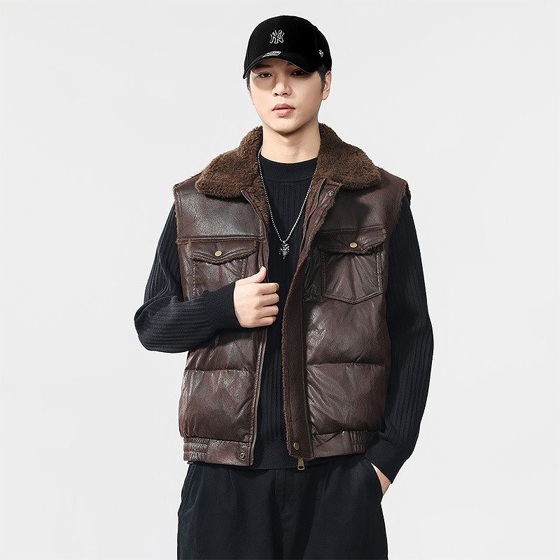 メンズ ボアフリース PU ベスト 男女兼用 ストリート系 ノースリーブ 防寒アウター 2025新作★全2色