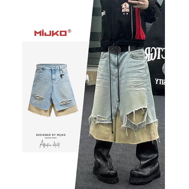 メンズ 七分丈 デニムパンツ 男女兼用 ストリート系 偽二枚二重 ボトムス 春秋 2025新作★