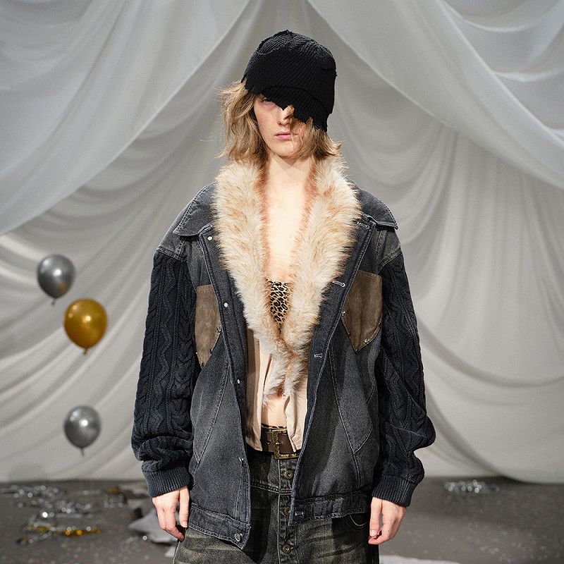 メンズ ビンテージ風 ニット デニム ジャケット 男女兼用 ストリート系 中綿 アウター  秋冬 2025新作★