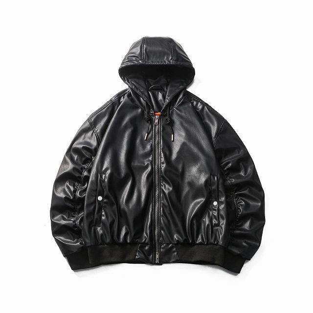 【即納/在庫処分】メンズ フード付き PU ジャケット 男女兼用 ストリート系 防寒アウター 春秋冬 2024新作★