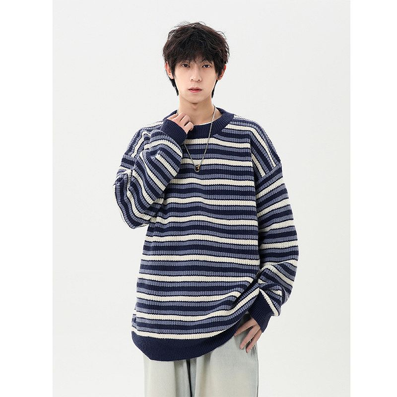 メンズ ボーダー柄 長袖 ニット・セーター 男女兼用 カジュアル トップス 秋冬 2026新作★全3色