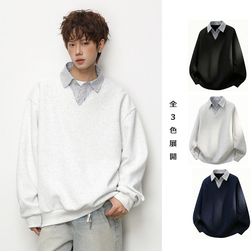 メンズ フェイクレイヤード ストライプシャツ風Vネック スウェット レトロ 学院風 プルオーバー★全3色