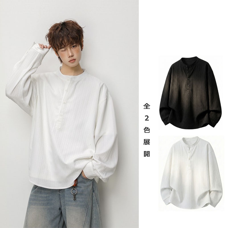 メンズ ハーフボタン 立ち襟 長袖シャツ 春用 オールドマネー風 通気性 カジュアル シャツアウター★全2色