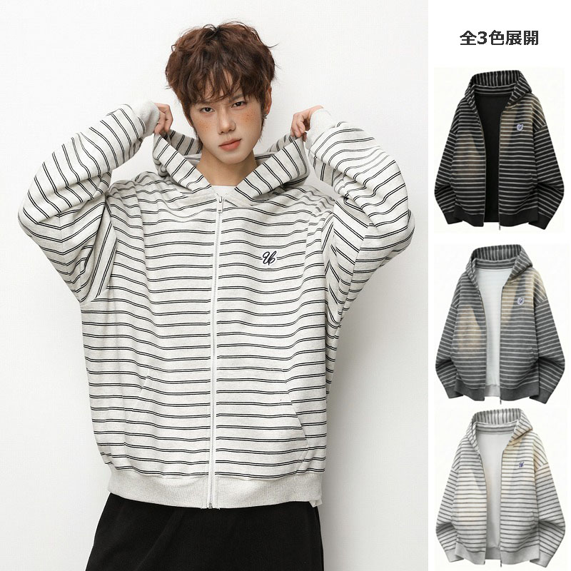 メンズ ストライプ ジップアップパーカー 春 刺繍入り ショート丈 ワイド カジュアル アウター★全3色