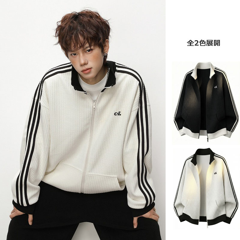 メンズ ストライプ ジップアップスウェット 春用 立ち襟 ゆったり スポーツカジュアル アウター★全2色