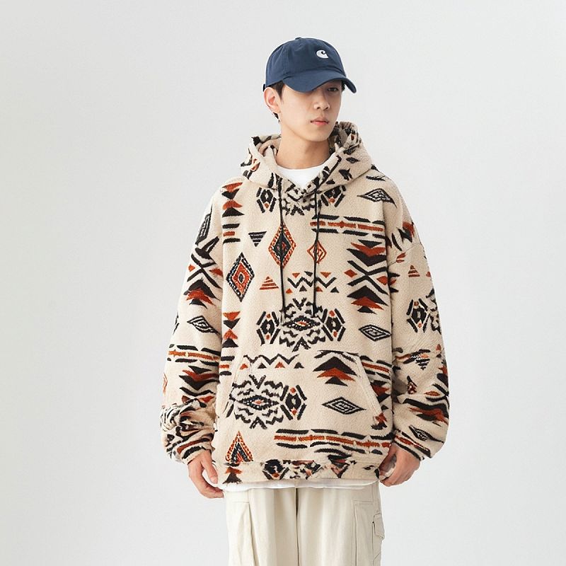 メンズ もこもこファー素材 パーカー 男女兼用 エスニック柄 トップス 秋冬 2026新作★全3色