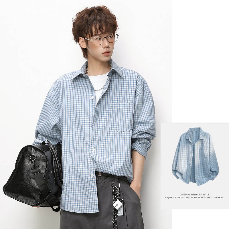 メンズ 配色チェック 長袖シャツ 春用 スモールチェック ゆったりシルエット カジュアル シャツアウター★