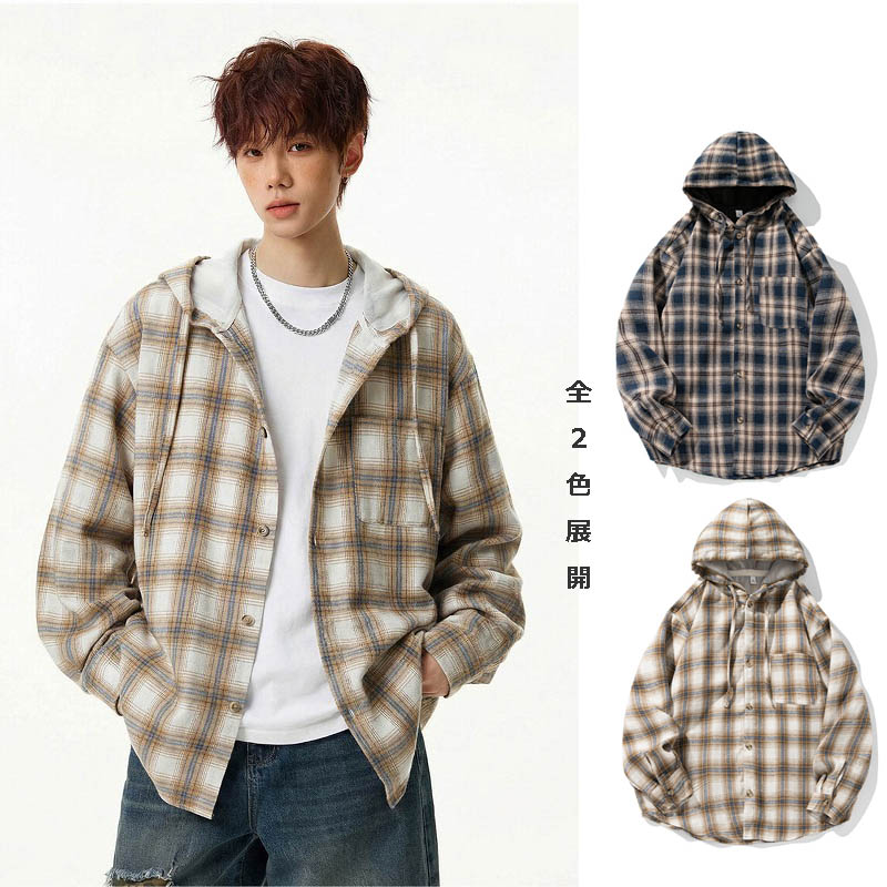 メンズ アメリカンヴィンテージ チェック柄 フード付き長袖シャツ 春用 ストリート シャツアウター★全2色