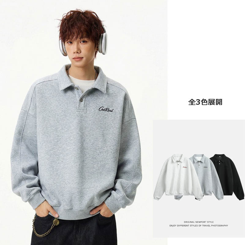 メンズ ショート丈 襟付きスウェット ボタンネック ヴィンテージ調  ポロ風 プルオーバー トップス★全3色