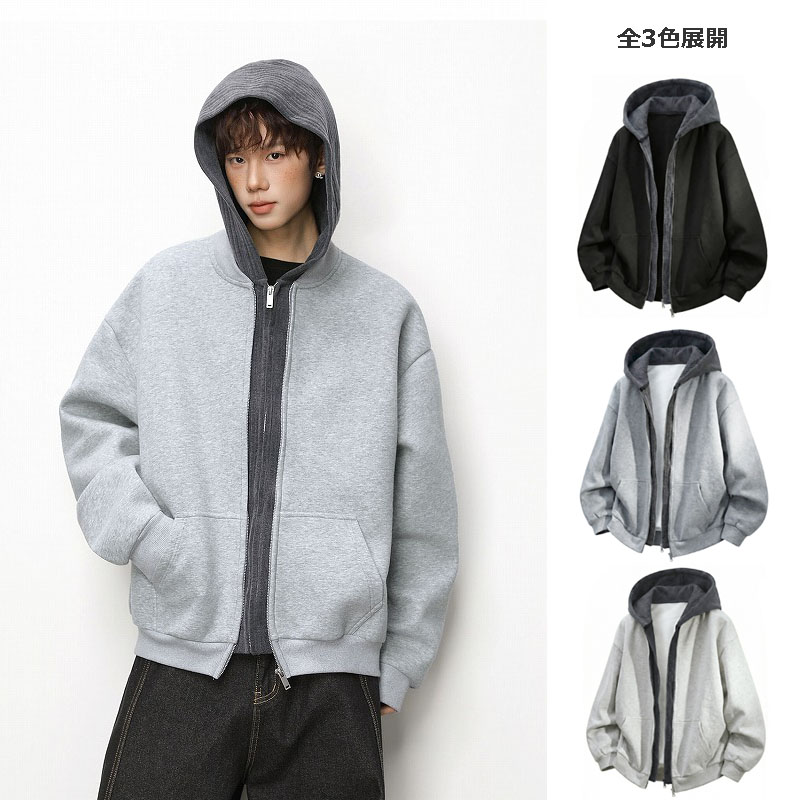 メンズ 配色ニット切替 フェイクレイヤード ジップアップパーカー フード付きスウェット アウター★全3色