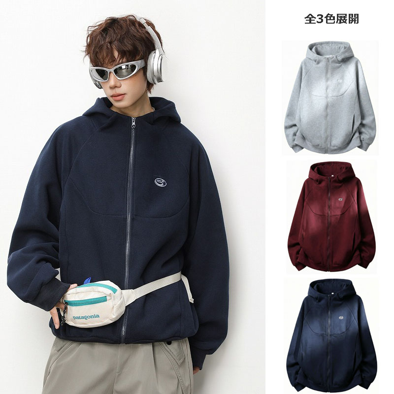 メンズ ジップアップパーカー ショート丈 ボクシー 配色刺繍 アメリカンカジュアル アウター★全3色