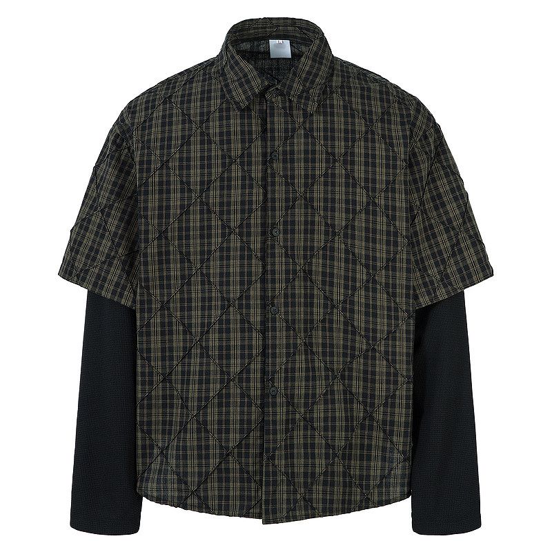 メンズ 偽二枚二重 チェック柄 長袖 シャツ 男女兼用 ストリート系 トップス  春秋 2026新作★