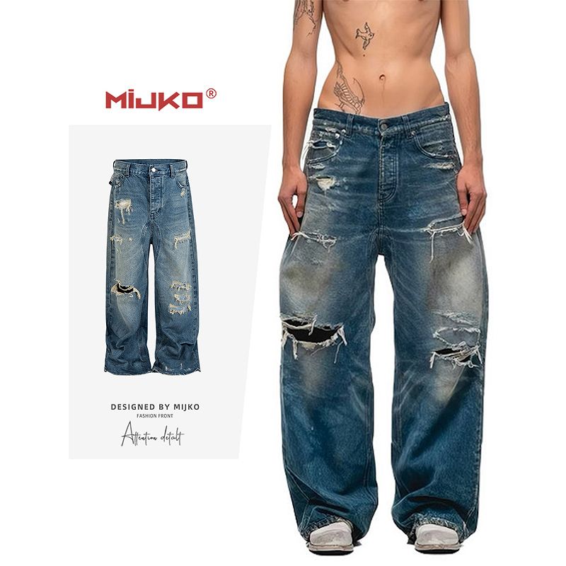 メンズ ダメージ加工 デニム パンツ 男女兼用 ストリート系 ボトムス 春秋冬 2026新作★