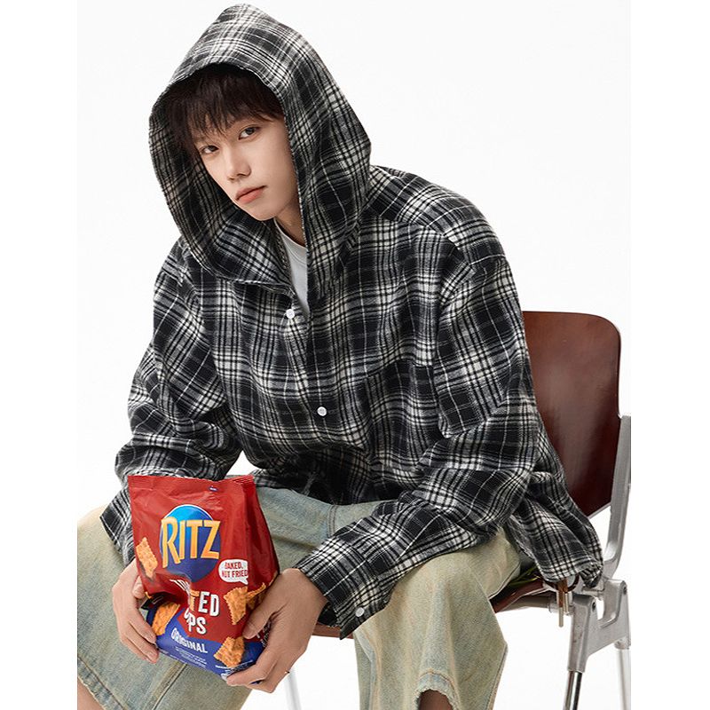 メンズ フード付き チェック柄 長袖 シャツ 男女兼用 ストリート系 トップス  春秋 2026新作★全2色