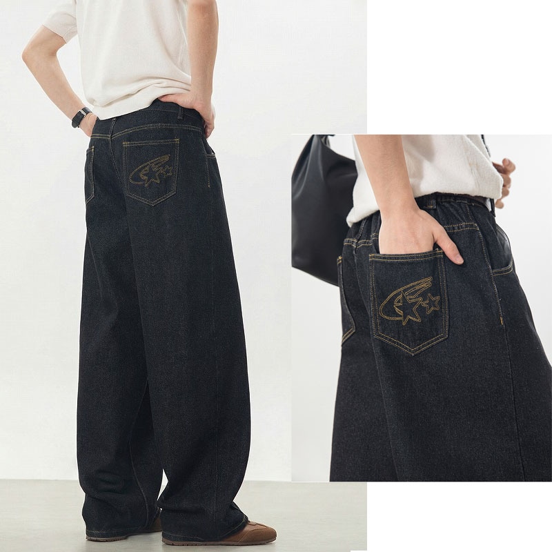 メンズ ヴィンテージデニムパンツ 配色ステッチ 切替 ストレート ワイド ルーズ カジュアルロングパンツ★