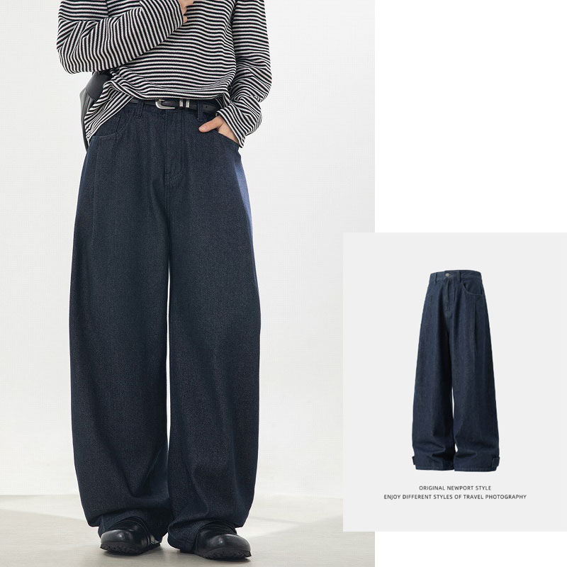 メンズ レトロ風デニム ヴィンテージジーンズ 弓形シルエット タックポケット ルーズ ストレートパンツ★