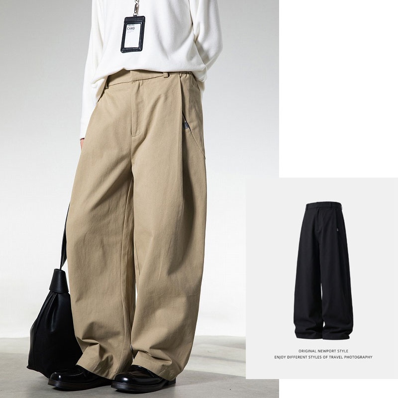 メンズ 切り替えタック コットンパンツ 春新作 上質 レトロ風 ルーズ ストレートパンツ カジュアル★全2色
