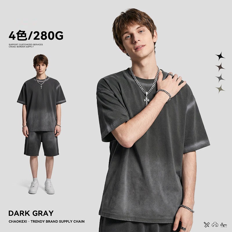 メンズ ウォッシュグラデーション 半袖Tシャツ 280g 美式ヴィンテージ コットントップス★全4色