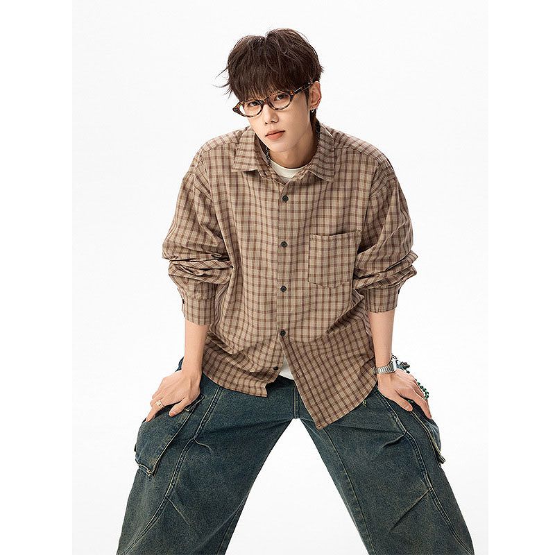 メンズファッション チェック柄 長袖 シャツ 男女兼用 ストリート系 トップス  春秋 2026新作★全3色