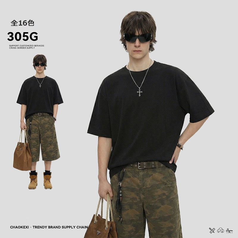 メンズ アメリカン風 305g 綿100％ 半袖Tシャツ ワイドシルエット 無地 カジュアルトップス★全16色