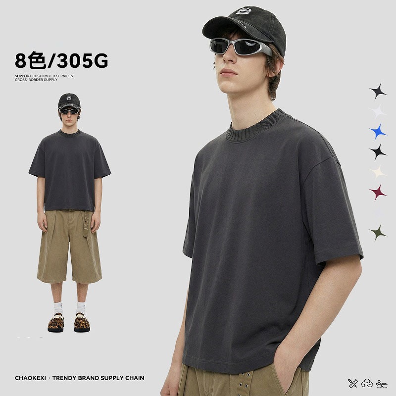 メンズ ニット切替 配色ネック 305G 綿100％ 半袖 アメリカンカジュアル ショート丈Tシャツ★全8色