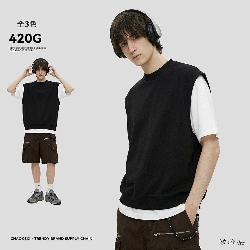 メンズ 420G ヘビーウェイト コットン100％ ノースリーブ ストリート スウェットベスト★全3色
