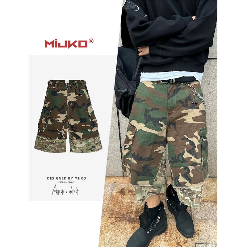 メンズ 偽二枚 迷彩柄 ワーク風 七分丈 パンツ 男女兼用 ストリート系 ボトムス 春秋 2026新作★