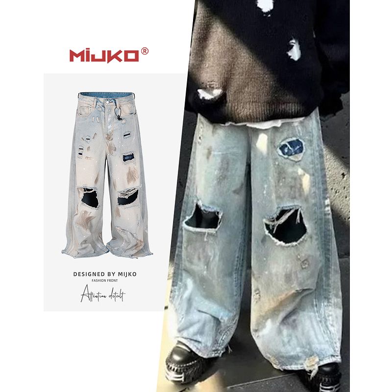 メンズ ビンテージ風 ダメージ加工 デニム パンツ 男女兼用 ストリート系 ボトムス 春秋 2026新作★