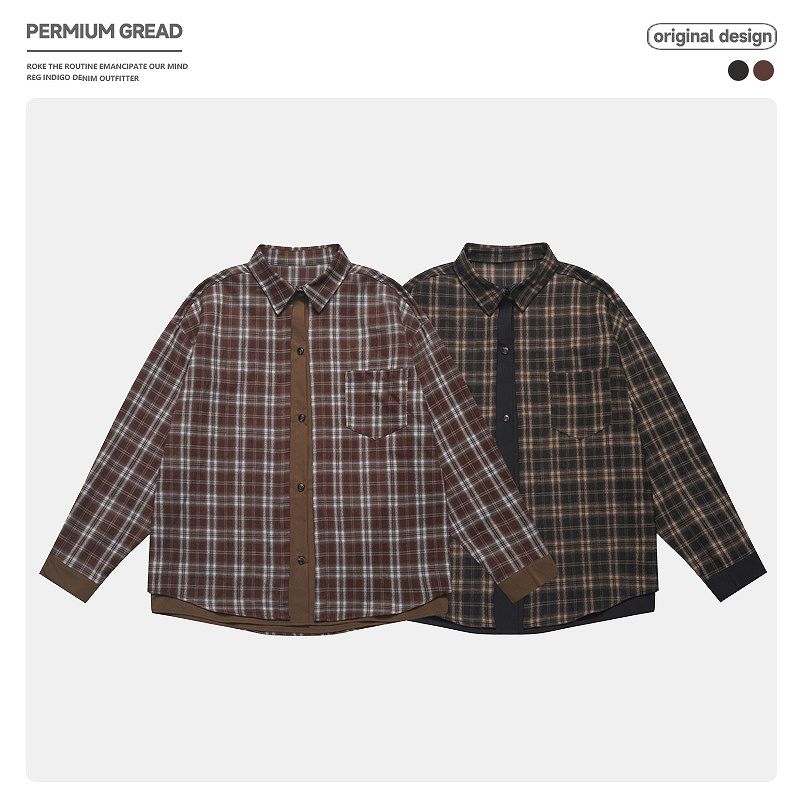 メンズ 偽二枚二重 チェック柄 長袖 シャツ 男女兼用 ストリート系 トップス  春秋 2026新作★全2色