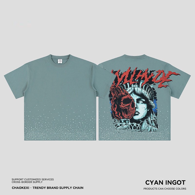 【OEM】メンズ ストリート系 275g 半袖Tシャツ 欧米風 ダークレッドスカル ロゴプリント ルーズフィット★